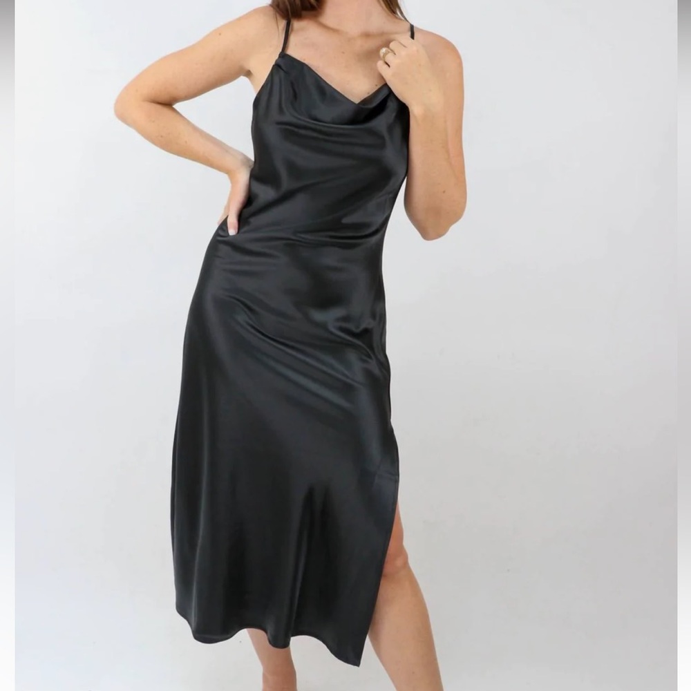 Dress Forum Crowl Neck Satin Low Back Midi Dress in Black
